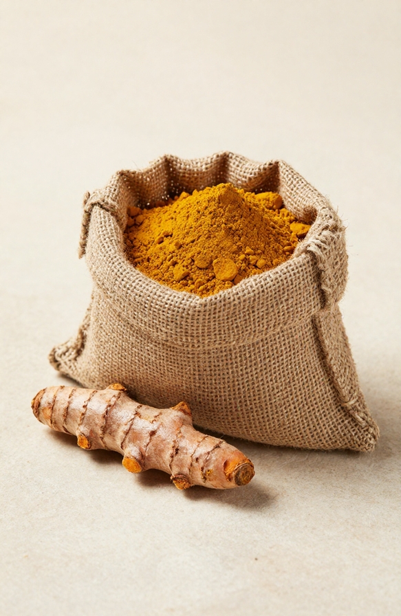 Finely milled spice powder in traditional woven burlap sack alongside whole roots