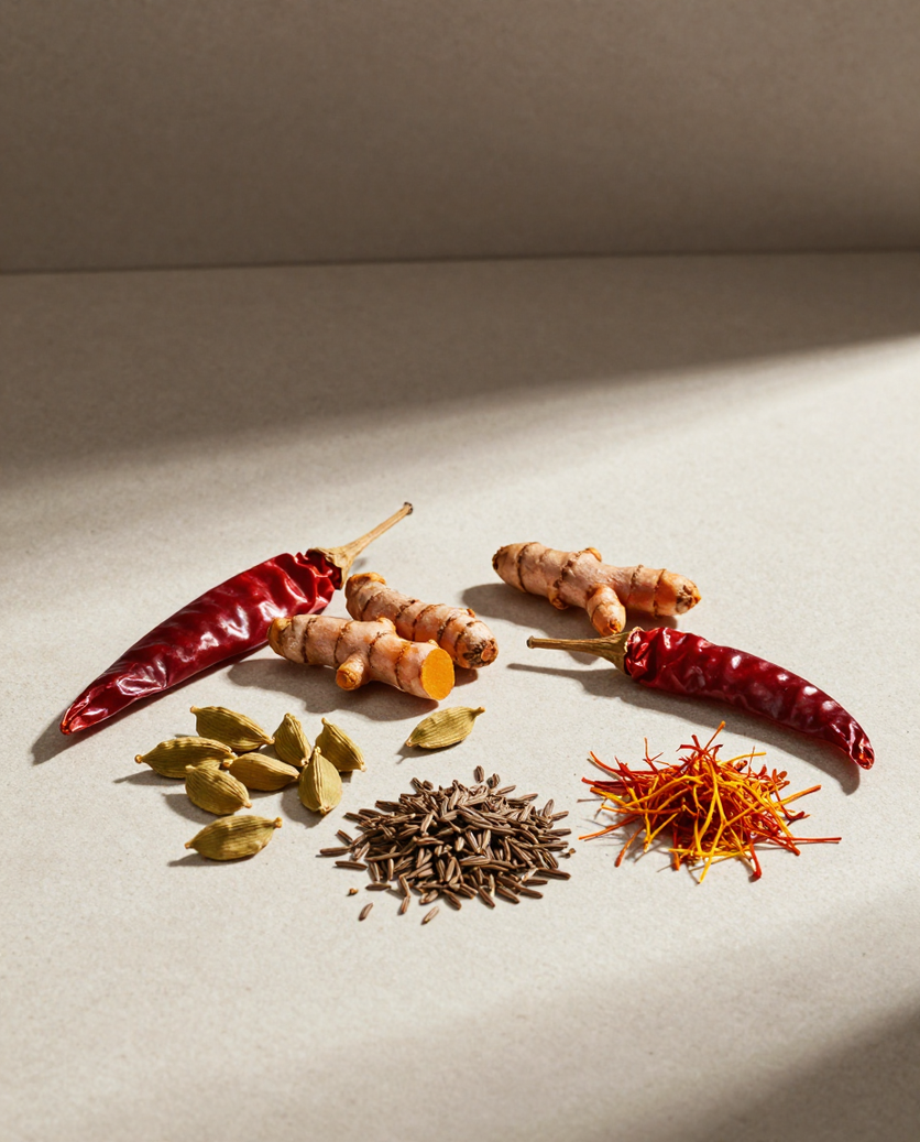 Vishesh Overseas Inc. - Whole spices arranged on neutral textured surface: red chilli, turmeric, cumin, green cardamom, saffron